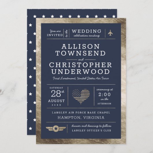 パティオ結婚スの星とストライプ金フェイク箔 案内状 (正面/裏面)