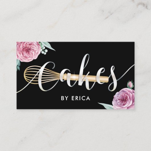 パティシシェフケーキベーカリーモダンフローラタイポグラフィ 名刺 (正面)