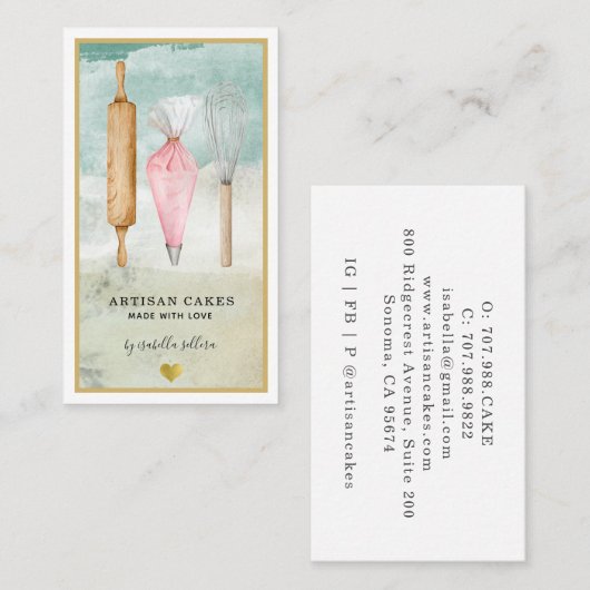 パティシシェフベイカーピンク金ゴールド水彩器 名刺 (正面/裏面)