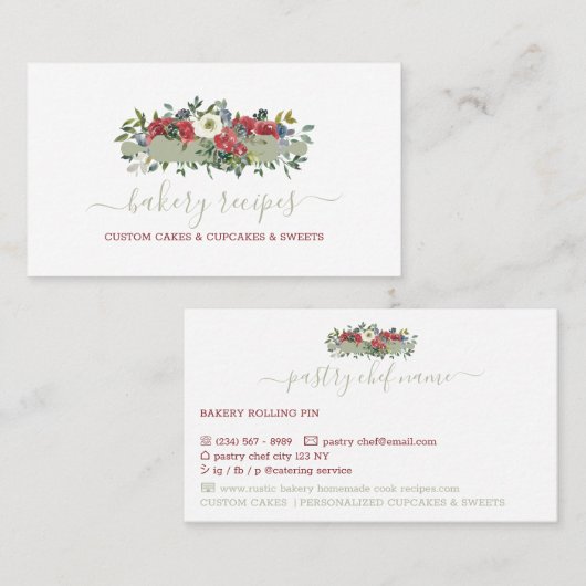 パティシシェフ自家製ベーカリーグリーンレッドフラワーズ 名刺 (正面/裏面)