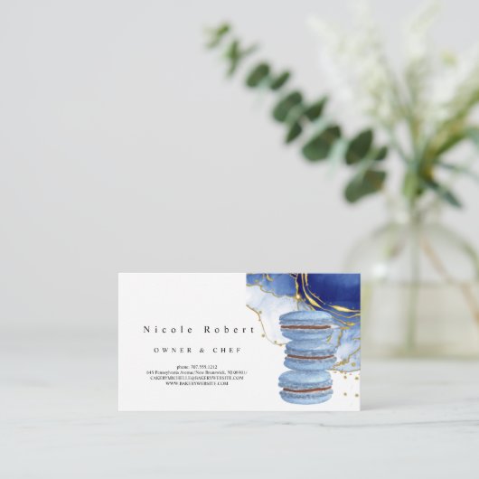 パティスレエレガントーシェフブルーマーブルマカロンデザイン 名刺 (スタンド正面)
