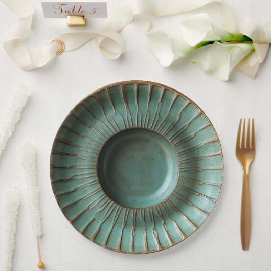 パティナグリーン&アンティーク金ゴールド陶芸インスパイア ペーパープレート (ウェディング)