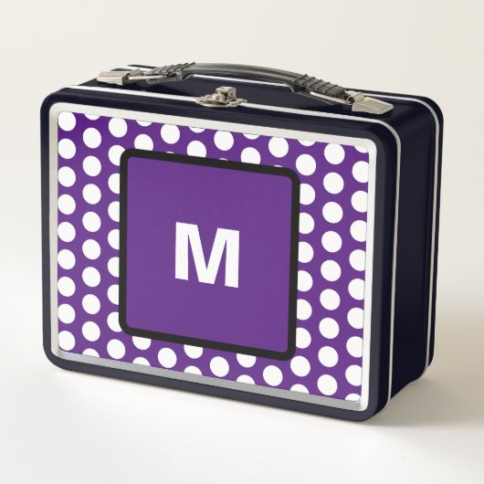 パティモノグラムパープルホワイト水玉模様 メタルランチボックス (正面)