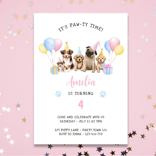 パティー時間パピードッグ誕生日パーティー水色Inv 招待状