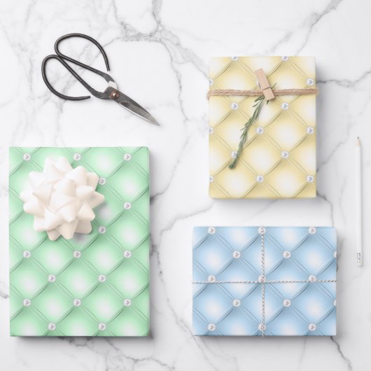 パテエレガントルグリーンイエロー&ブルーダイヤモンドタフテッド ラッピングペーパーシート (正面)