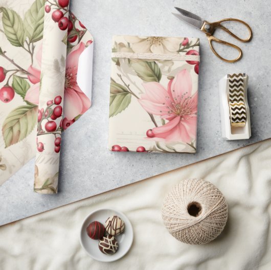 パテルレッドグリーンピンクポインセチアのクリスマス ラッピングペーパー (クラフト)