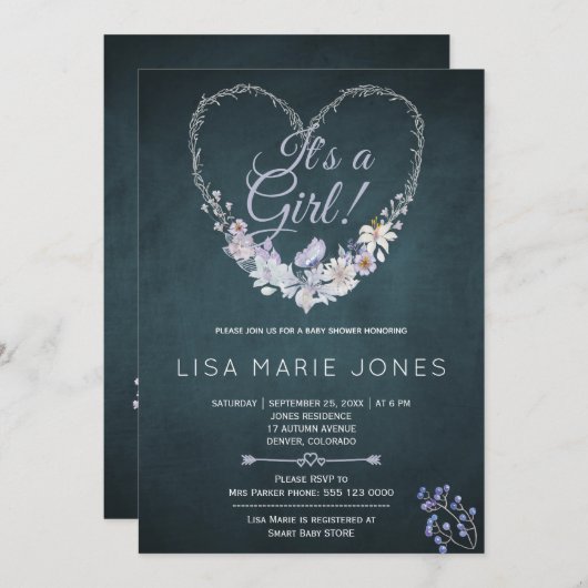 パテル開花ハートリースネイビーブルーベビーシャワー 招待状 (正面/裏面)