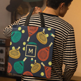 パデルラケットパターンとイニシャル トートバッグ