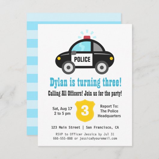 パトカーの男の子のバースデーパーティ招待状 招待状 (正面/裏面)