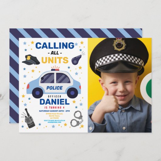 パトカー事務所フォトバースデーパーティー 招待状 (正面/裏面)