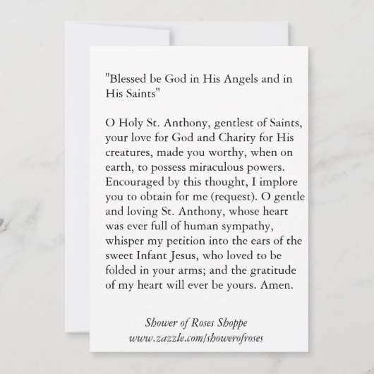パドアの聖アンソニーとベビーイエス祈りの言葉カード カード (裏面)