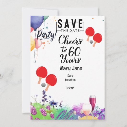 パドルと花とピンポン60誕生日 招待状 (正面)