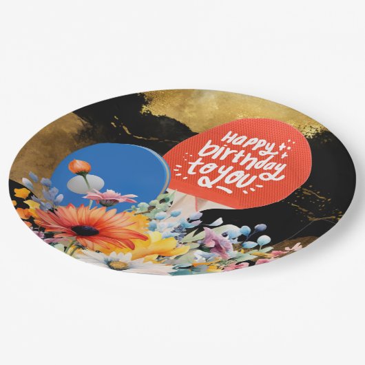 パドルと花のピンポン誕生日 ペーパープレート (アングル)