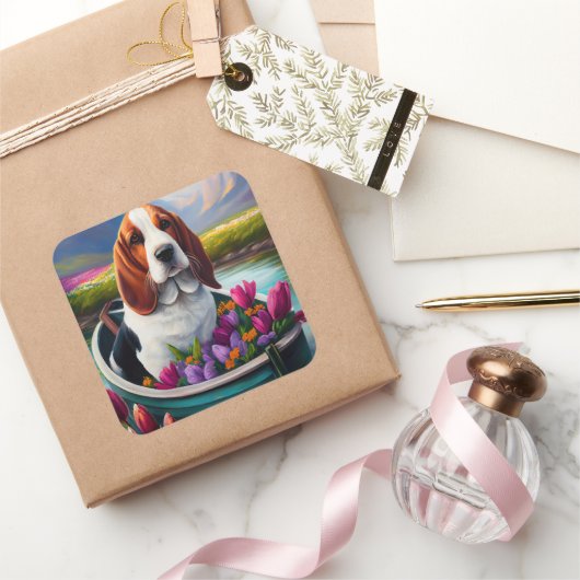 パドルにバセットハウンドドッグ:風光明媚な冒険 スクエアシール (ギフト)