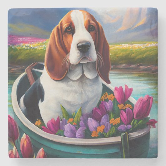 パドルにバセットハウンドドッグ：風光明媚な冒険 ストーンコースター (正面)