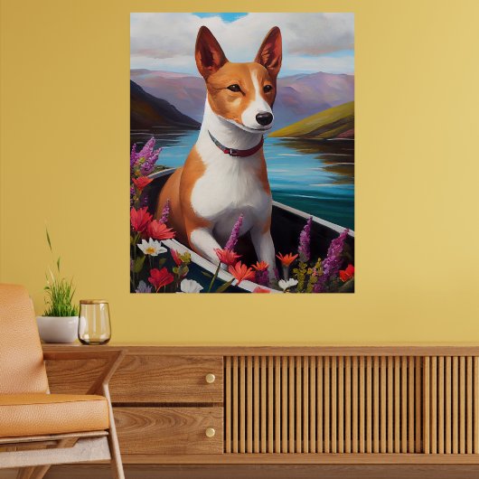 パドルに乗ったバセンジー犬: 景色を楽しむ冒険 ポスター (リビング2)