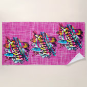 パドルボードと波ホットピンク ビーチタオル (正面)