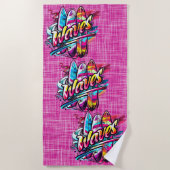 パドルボードと波ホットピンク ビーチタオル (正面)