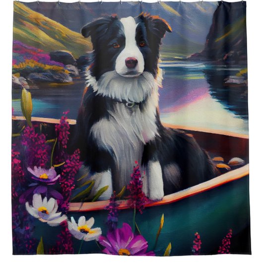 パドル縁どにコリーを乗せる絶景の冒険 シャワーカーテン (正面)