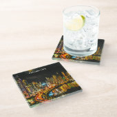 パナマシティバイナイトウォーターカラースカイライン絵画ズ ガラスコースター (アングル)