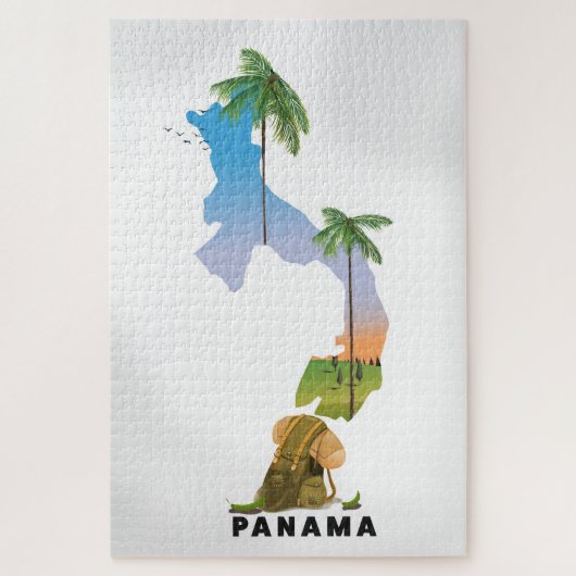 パナマ地図 イラスト入り旅行ポスター 印刷 ジグソーパズル (縦)