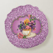 パネかわいらしスインティーカップラベンダーフェイクグリッター ラウンドクッション (裏面)