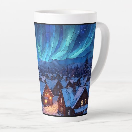 パノラマ ステンドグラス 冬の村 カフェラテマグ (右アングル)