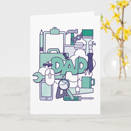 パパとツールのコラージュとコーヒーの誕生日 カード (黄色い花)