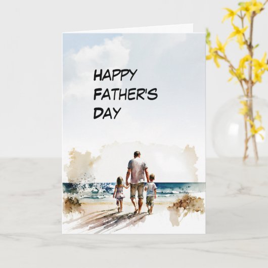 パパと二人の子供がビーチ父の日にストール カード (黄色い花)