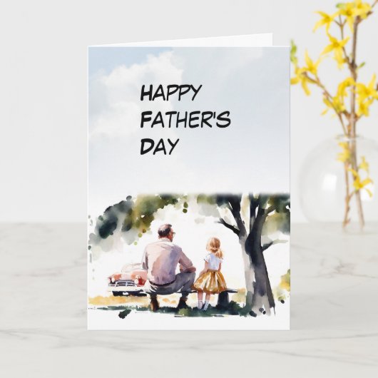 パパと娘が父の日のベンチで一緒に カード (黄色い花)