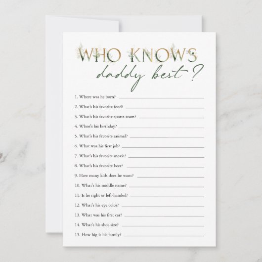 パパのカードを知っている緑と金ゴールドの赤ちゃんシャワー 招待状 (正面)