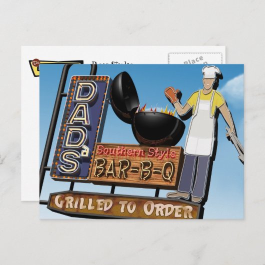 パパのバーB Qのレトロのネオンサインの郵便はがき ポストカード (正面/裏面)