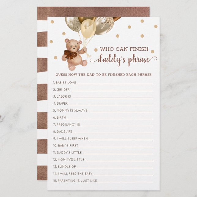 パパのフレーズ・ゲーム赤ちゃんシャワーテディベア (正面/裏面)