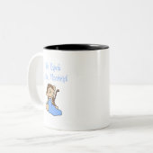 パパの小さい猿-青いTシャツおよびギフト ツートーンマグカップ (正面左)