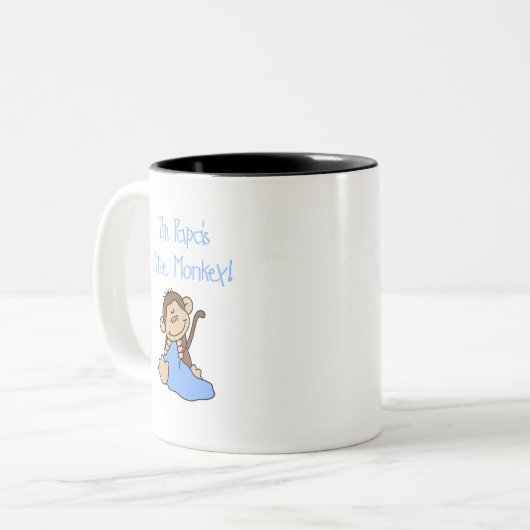 パパの小さい猿-青いTシャツおよびギフト ツートーンマグカップ (正面左)