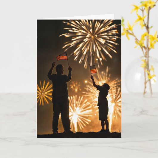 パパの花火とアメリカの旗との誕生日 カード (黄色い花)