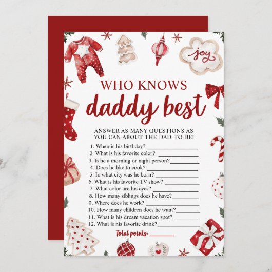 パパの赤ちゃんシャワー最高のゲームを知っているクリスマス 招待状 (正面/裏面)