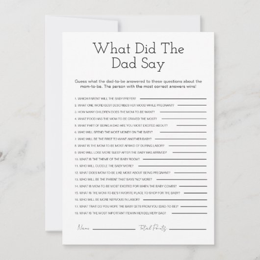 パパはミニマルな赤ちゃんシャワーのゲームを言った シーズンカード (正面)