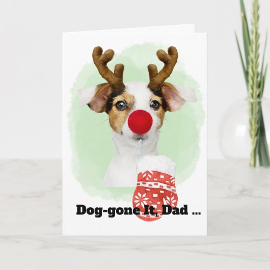 パパへのクリスマスカード 鹿の角をつけたクリスマス犬 シーズンカード (正面)