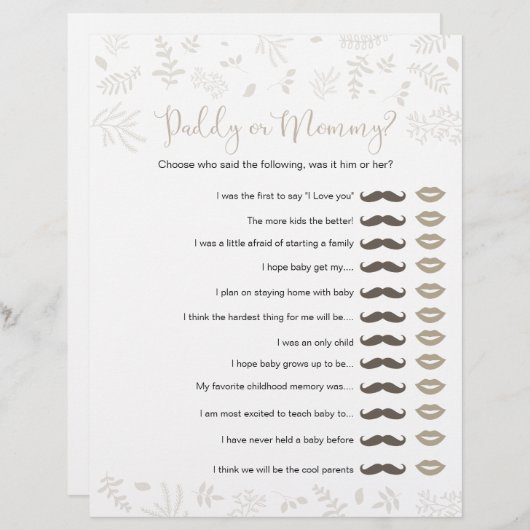 パパまたはママの森葉の赤ちゃんシャワーゲーム (正面/裏面)