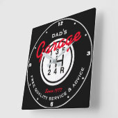 パパまたは任意の名前ガレージ白黒シフトノブ スクエア壁時計 (傾斜)