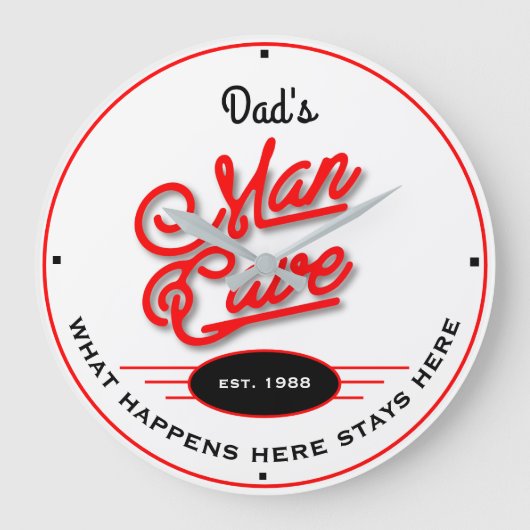 パパまたはAny Name Man Caveレトロレッドスローガンホワイト ラージ壁時計 (正面)