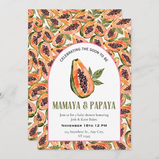 パパイヤフルーツウォーター色ベビーシャワー 招待状 (正面/裏面)