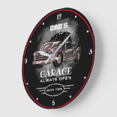 パパガレージ任意の名前は常に開いているスローガンブラック ラージ壁時計 (傾斜)