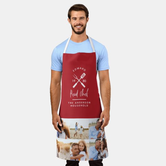 パパシェフ代表のbbqグ数々のリル写真モダン赤 エプロン (着用した状態)