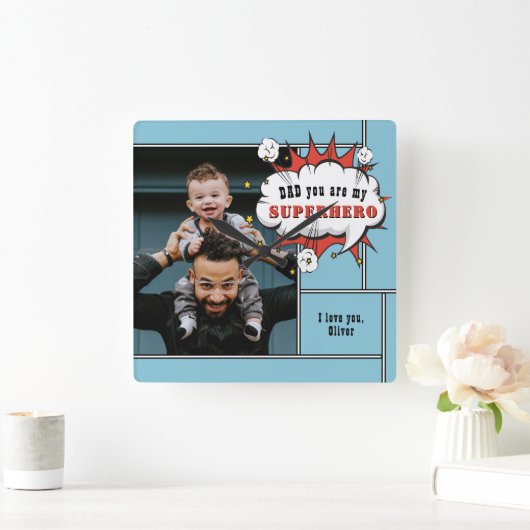 パパスーパーヒーロー漫画スピーチバブル写真 スクエア壁時計 (ホーム)