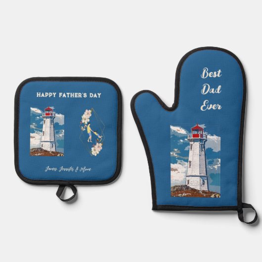 パパドーターボンディングライトハウスハッピーファーザーズデイ 鍋つかみ&鍋敷きセット (正面)