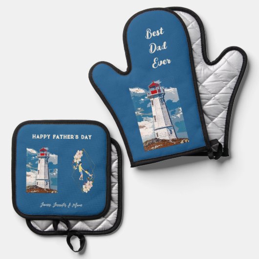 パパドーターボンディングライトハウスハッピーファーザーズデイ 鍋つかみ&鍋敷きセット (正面/裏面)