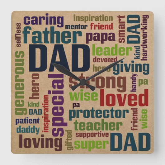 パパワードクラウド文字父の日タイポグラフィ スクエア壁時計 (正面)