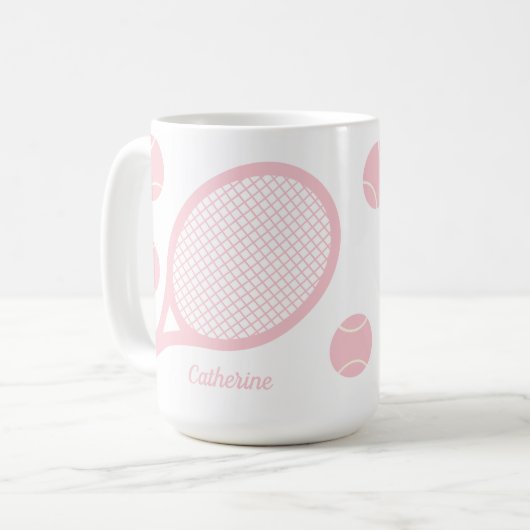 パパーソナライズされたステルモダンピンクテニスボールラケット コーヒーマグカップ (正面左)